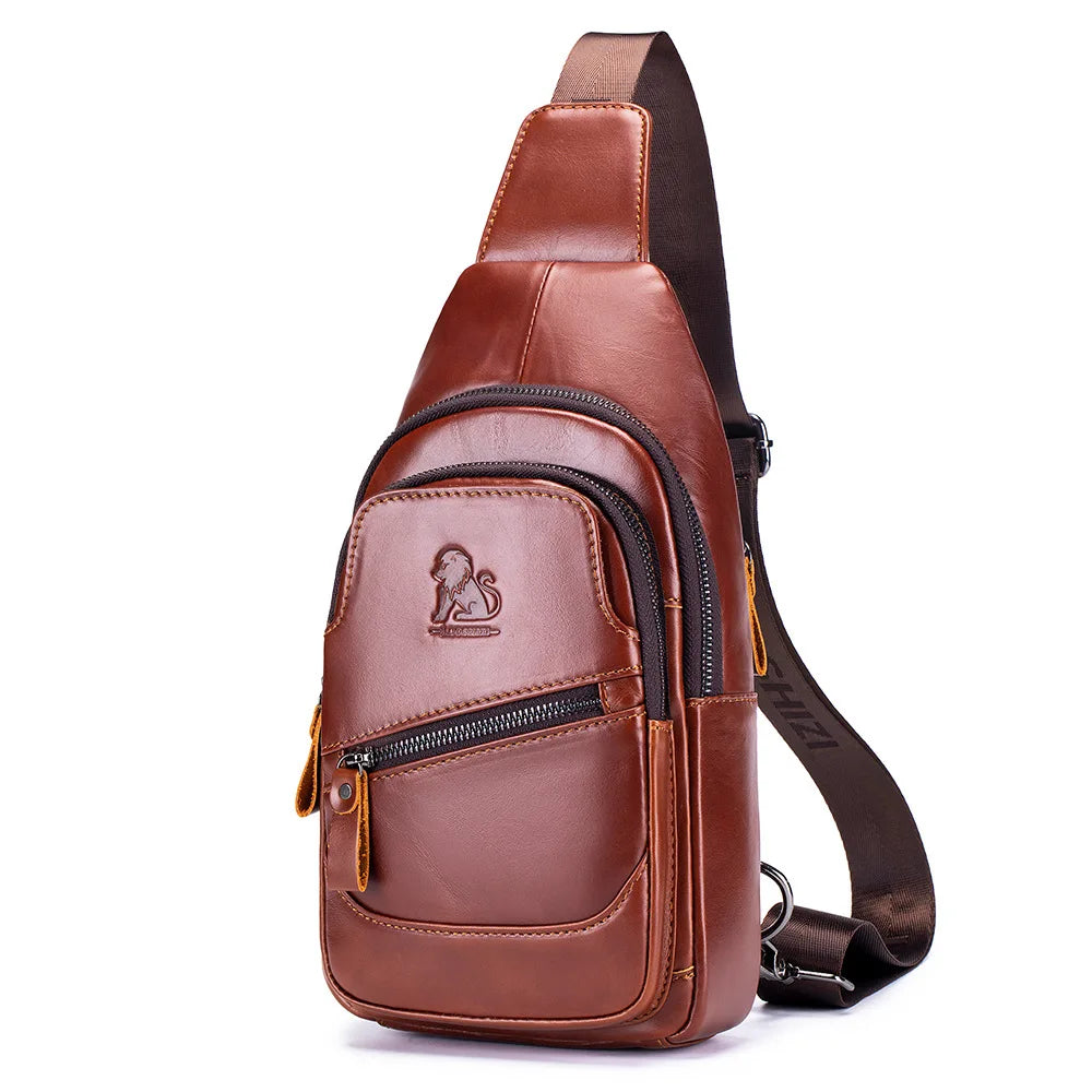 Large-Capacity Genuine Leather Men S Single-Shoulder Crossbody Usb Chest Bag Top Layer Cowhide