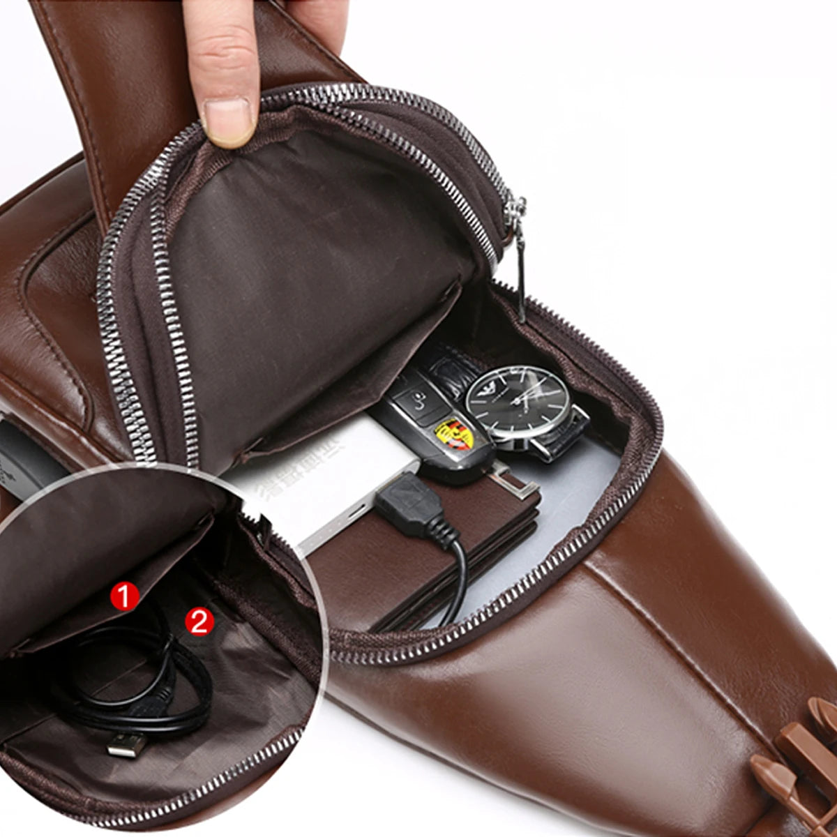Business Casual Men Chest Bag Usb Port Multi-Pocket Pu Stitched Luster Zipper Shoulder Commute
