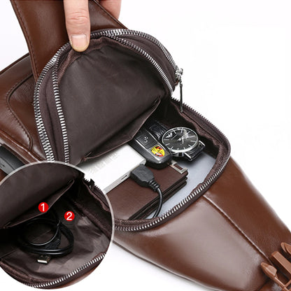 Business Casual Men Chest Bag Usb Port Multi-Pocket Pu Stitched Luster Zipper Shoulder Commute