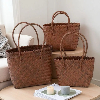 Handwoven Straw Tote Bags Multi Size Natural Woven Basket Bag Handbag Bamboo Handles Women Bohemian