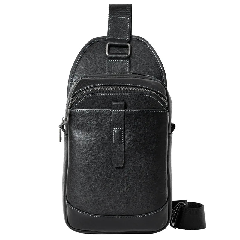 Men S Genuine Leather Simple High-End Chest Bag Multiple Compartments Large Capacity Travel