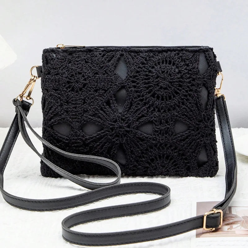 Crochet Bag with Hollowed Out Floral Design – Woven Straw Crossbody with Adjustable Strap