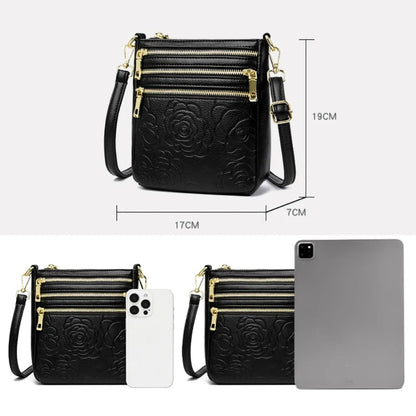 Triple Zipper Crossbody Bag – Floral Embossed Leather Shoulder Bag