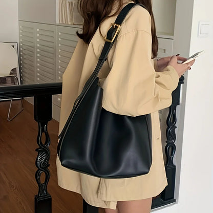 Women's Faux Leather Bucket Tote Bag with Pouch