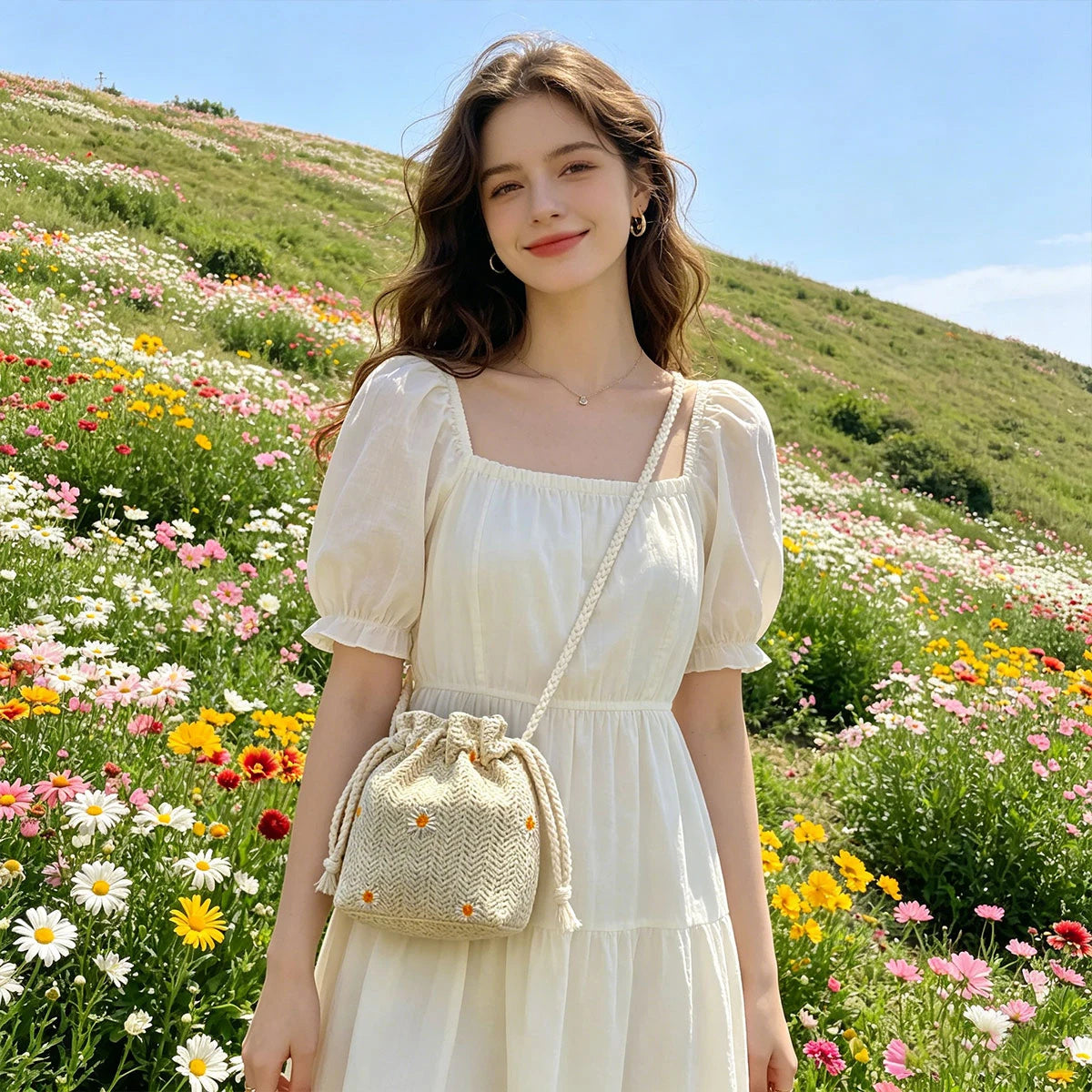 Premium Beach Grass Woven Mini Bucket Bag Pulling Rope Design Single Shoulder Crossbody Casual