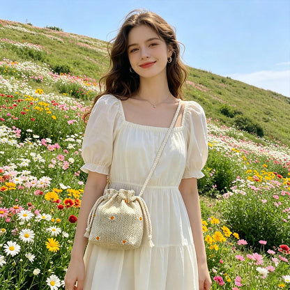 Premium Beach Grass Woven Mini Bucket Bag Pulling Rope Design Single Shoulder Crossbody Casual