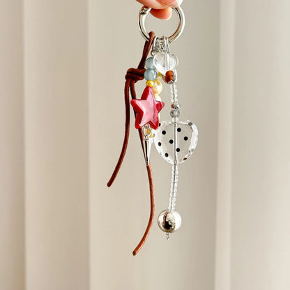 Pearl & Leather Keychain Charm – Boho Star Heart Bead Accessory