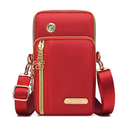 Mini Crossbody Phone Bag with Multi Zipper Pockets & Gold Hardware
