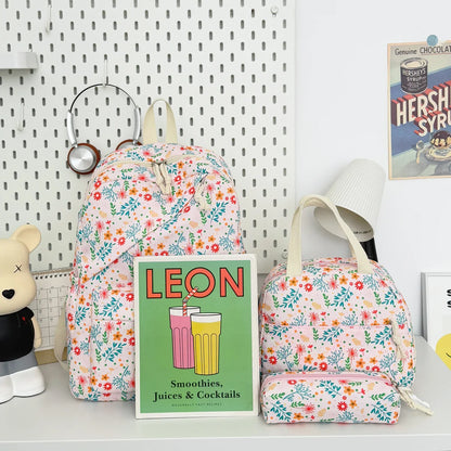 Fresh Lovely Floral Teen Backpack Set Multi-Purpose Large Storage Diagonal Zipper 3-Piece Backpack