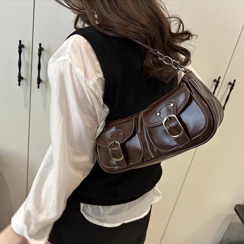 PU Leather Women's Y2K Vintage Shoulder Bag – Double Pocket Underarm Bag