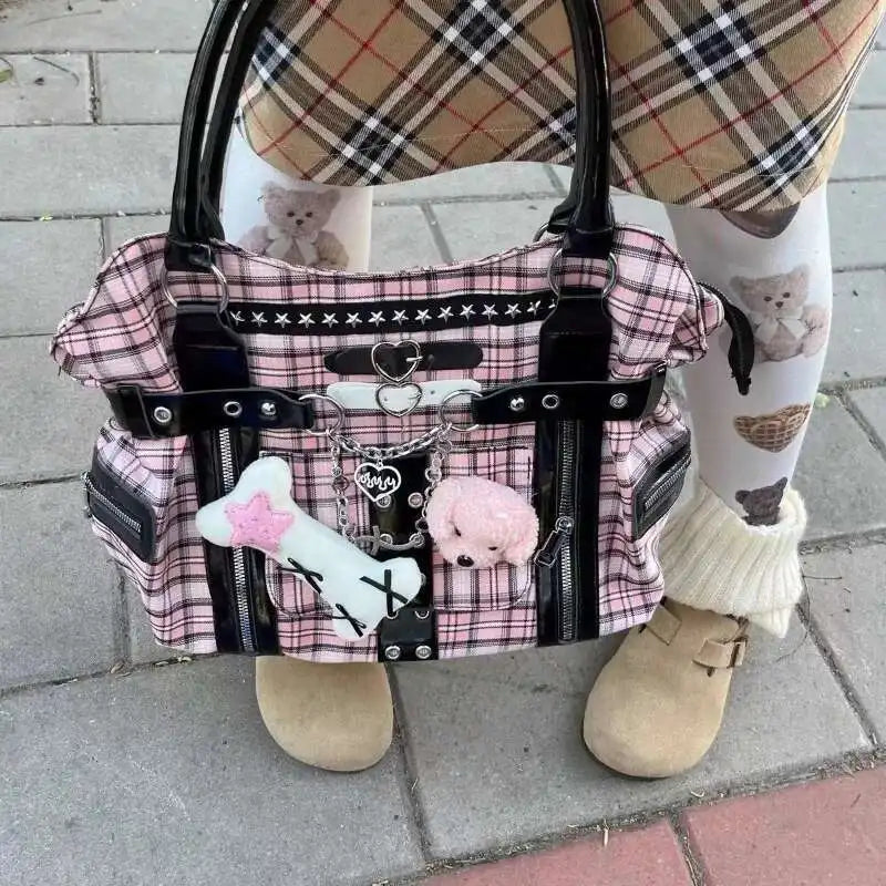 Plaid Canvas Shoulder Bag – Y2K Harajuku Large Handbag