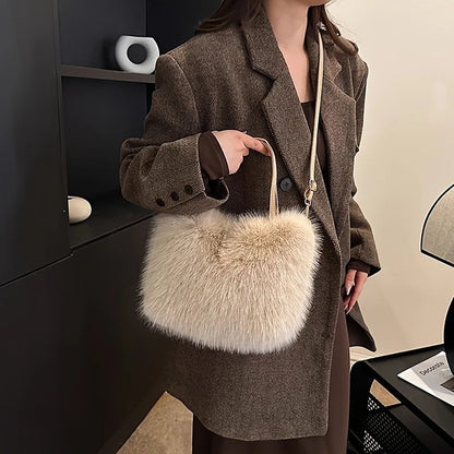 Faux Fur Handbag with Detachable Strap - Plush Tote Bag