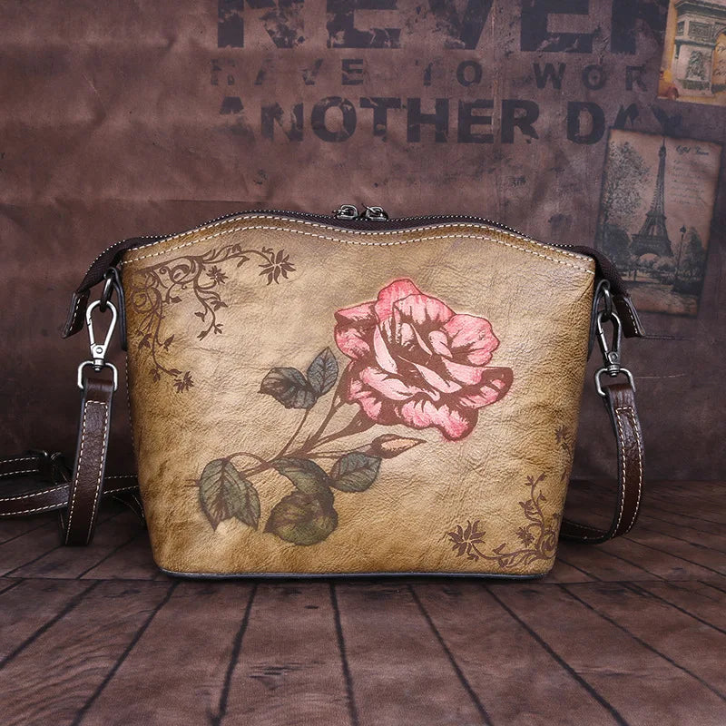 Top-Grain Cowhide Single-Shoulder Crossbody Women S Bag Chinese-Style Rose Women S Single-Shoulder