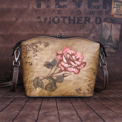 Top-Grain Cowhide Single-Shoulder Crossbody Women S Bag Chinese-Style Rose Women S Single-Shoulder