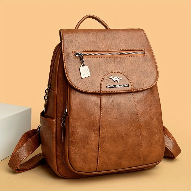 Faux Leather Women's Backpack – Large Capacity Casual Flap Bag
