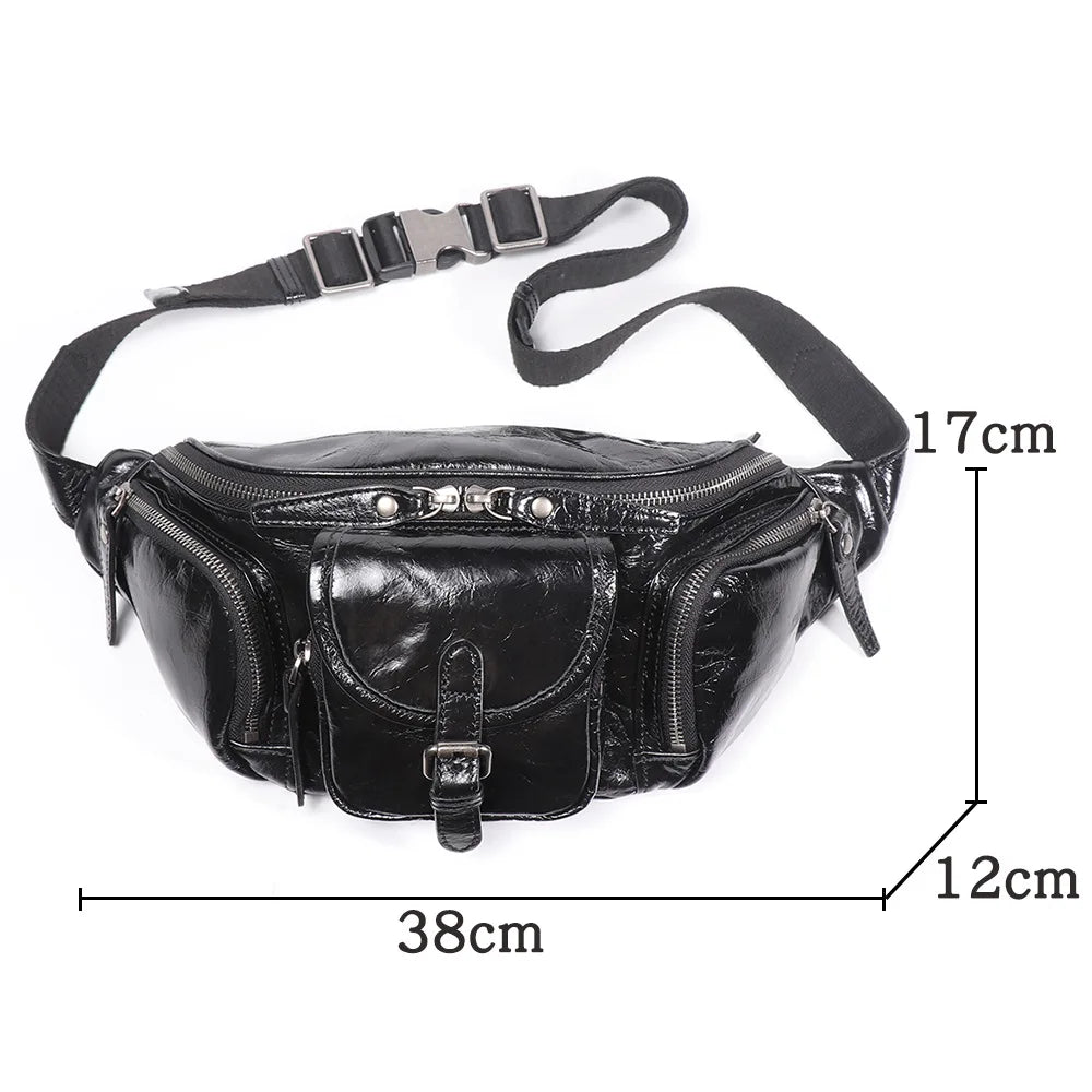 Top-Grain Cowhide Ipad Mini Waist Bag Genuine Leather Casual Chest Bag Multi-Functional Motorcycle