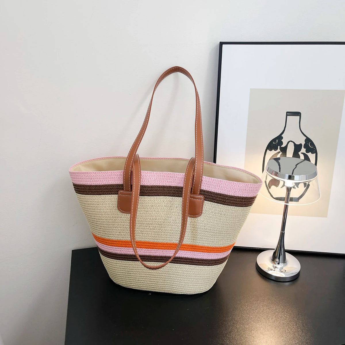 Vacation Beach Women Handbag Vibrant Color Stripe Tote Bag Woven Straw Large Capacity Shoulder