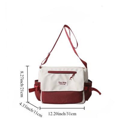 Small Fresh Canvas Color Blocked Postman Bag Large Capacity Campus Student Trendy Work Commuter