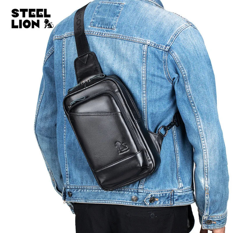 Real Leather Chest Bag Men S Head Layer Cowhine Multi-Function Large Capacity One Shoulder Cross