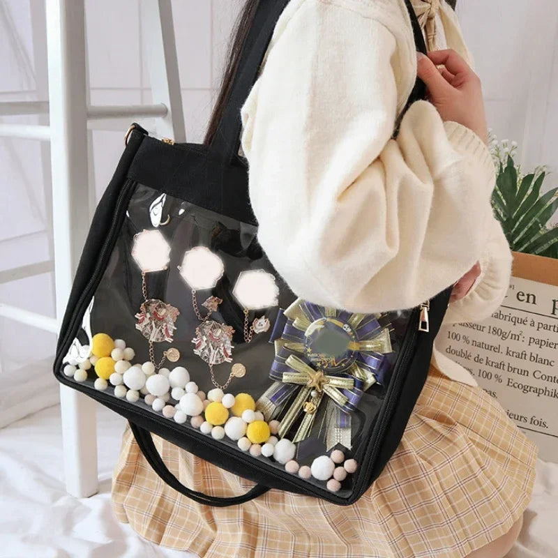 Big Ita Bag Black Insert Japanese Cute Clear Women Double Straps Girls Kawaii Transparent Shoulder