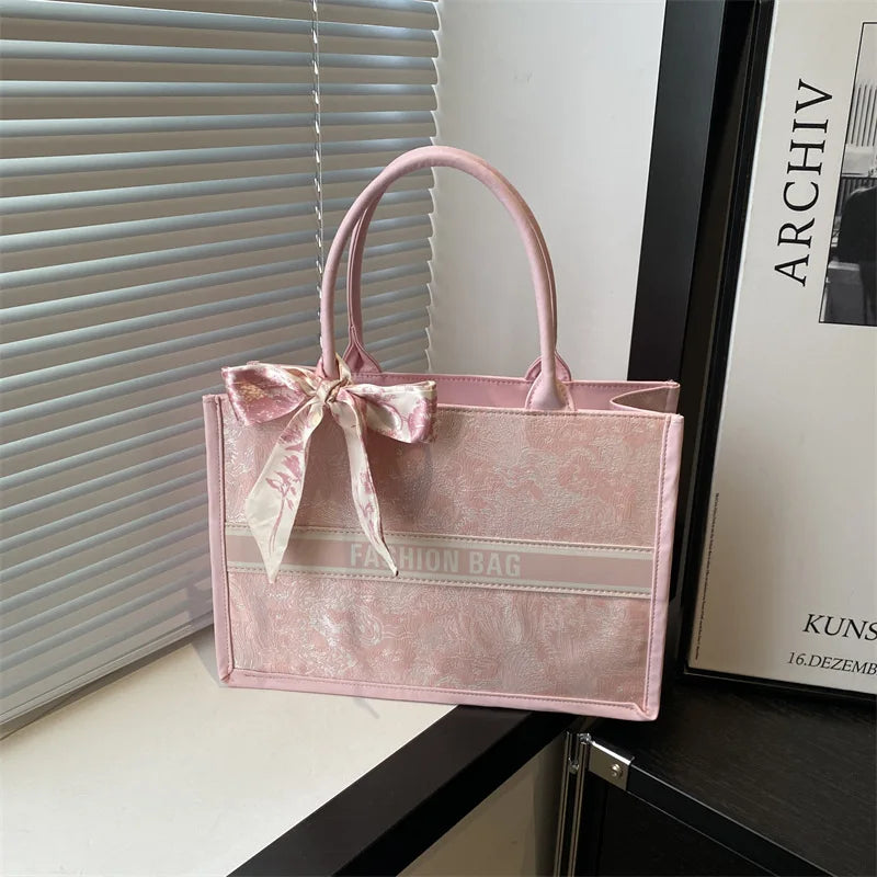 Stylish Jacquard Tote Bag Large Capacity Top Handle Bags Purse Silk Scarf Accent Women S Everyday