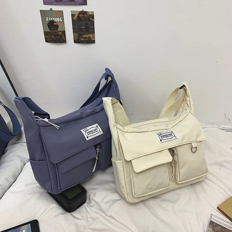 Nylon Crossbody Messenger Bag – Multi-Pocket Korean School Bag