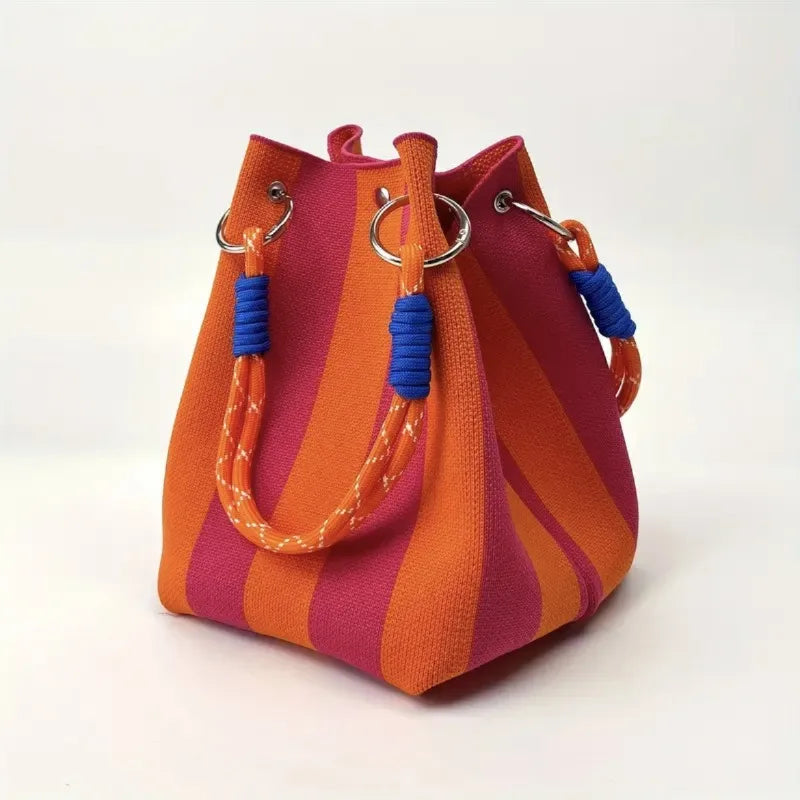 Canvas Striped Bucket Tote Bag – Women's Colorful Shoulder Bag for Casual Outings