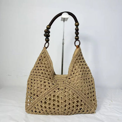 Boho Crochet Woven Tote Bag with Wooden Bead Handle