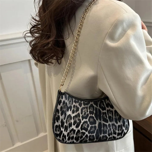 Leopard Print Half Moon Bag with Gold Chain Strap