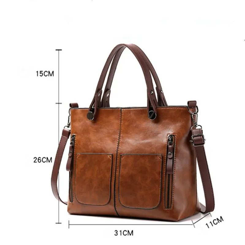 Retro Leather Tote Bag for Women with Double Pockets