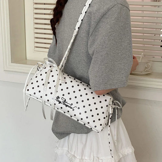 Y2k Polka Dot Shoulder Bag Korean Elegant Underarm Bag Cute Lace Bow Decor Womens Simple Commute