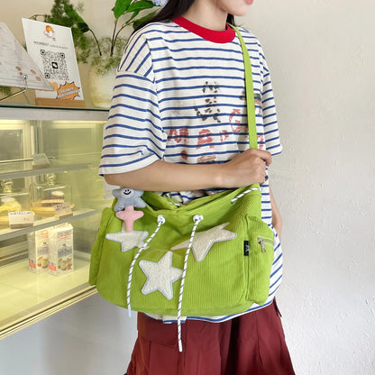 Y2K Corduroy Star Tote Bag with Plush Star Decor