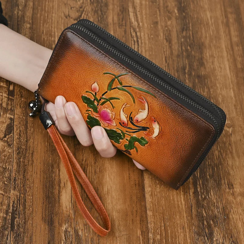 Vegetable-Tanned Genuine Leather Long Wallet Women
