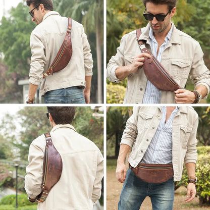 Retro Crazy Horse Cowhide Men S Waist Bag Large Capacity Mobile Phone Storage - Waterproof