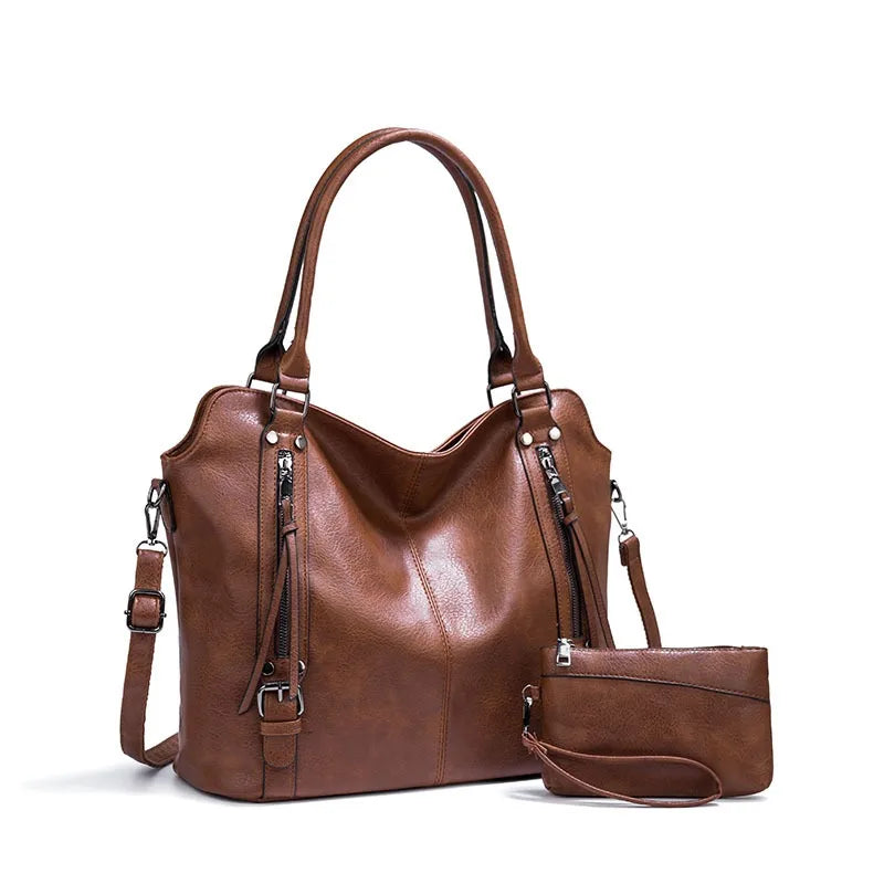 2-Piece Vintage PU Leather Handbag & Wristlet Purse Set