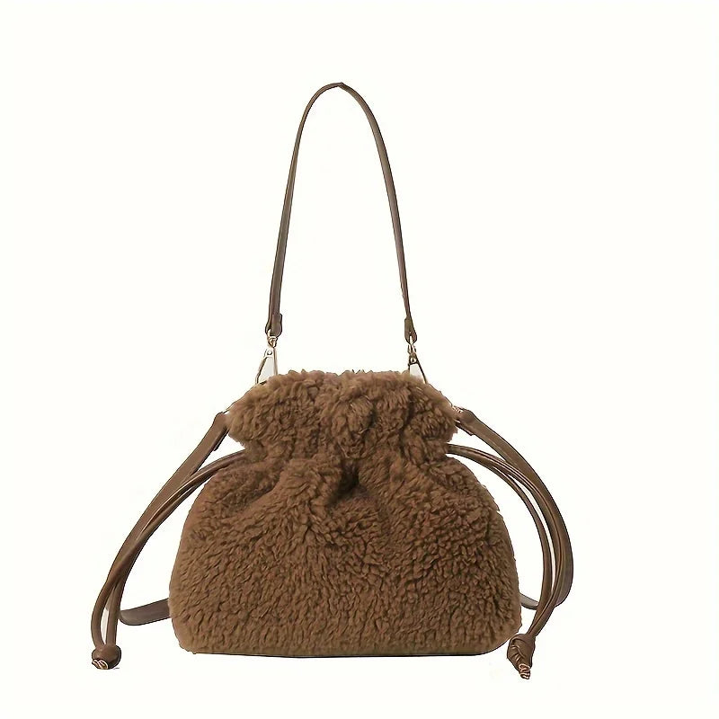 Fashionable Mini Plush Crossbody Bag Drawstring - Soft Fuzzy Bucket Women - Soft