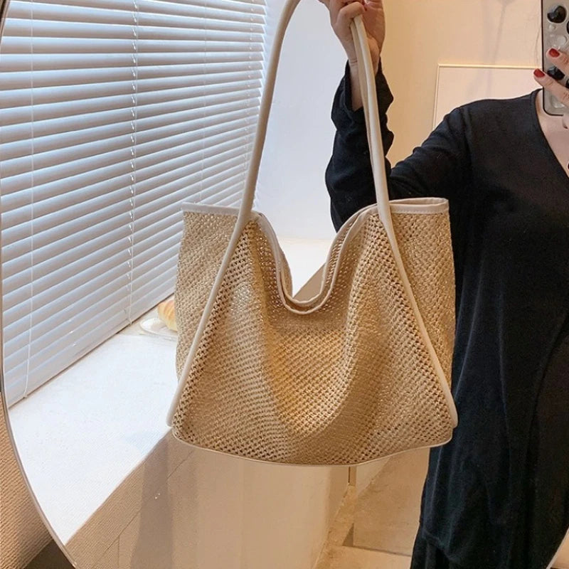 Women Summer Straw Woven Tote Bag Small Pouch Pu Trim Large Capacity Shoulder Handbags