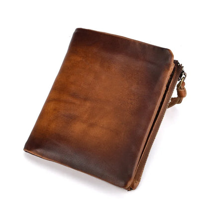 Genuine Leather Coin Pocket Card Holder Retro Double-Zipper Men S Wallet