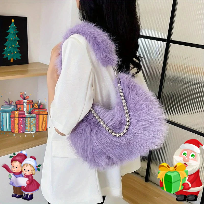 Faux Fur Tote Bag with Pearl Chain Strap – Chic Underarm Shoulder Handbag