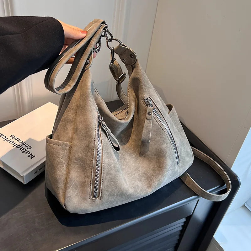 Soft Leather Hobo Bag – Multi-Zipper Shoulder & Crossbody Tote