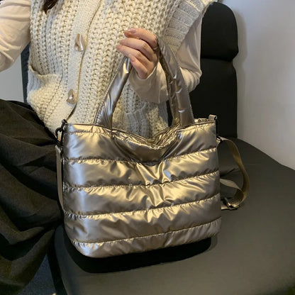 Puffer Quilted Tote Crossbody Bag with Wide Shoulder Strap