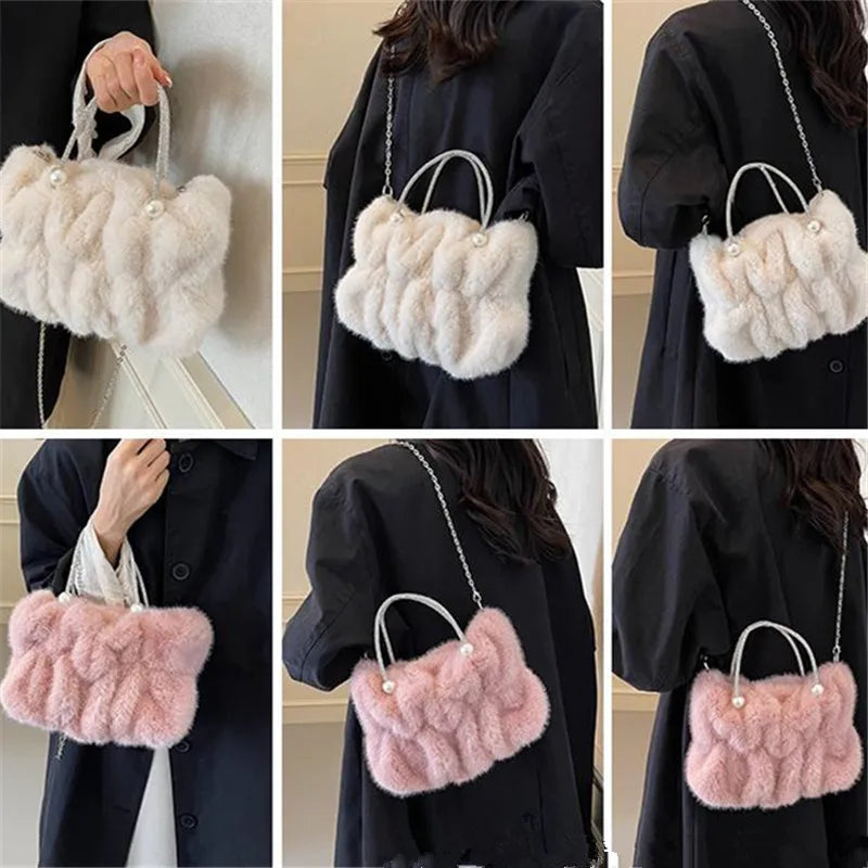 Faux Fur Crossbody Bag with Pearl Chain Strap