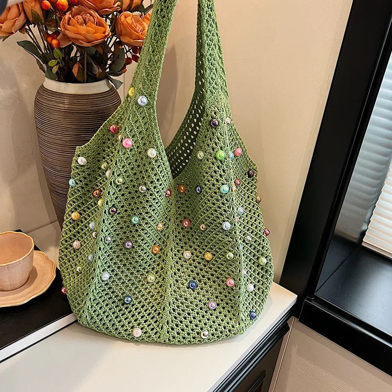 Beaded Crochet Tote Bag – Large Capacity Knit Mesh Shoulder Bag