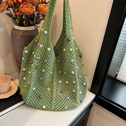 Beaded Crochet Tote Bag – Large Capacity Knit Mesh Shoulder Bag