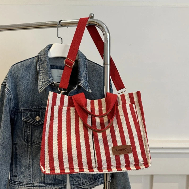 Striped Canvas Tote Bag – Lightweight Shoulder Bag for Work & Daily Use