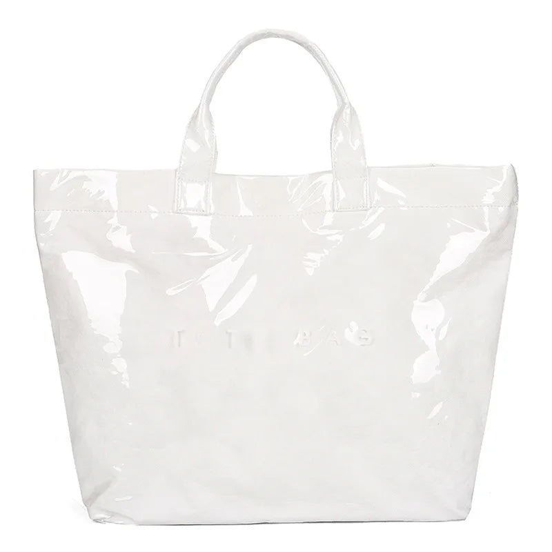 Waterproof Glossy Tote Bag with Letter Print & Double Handles