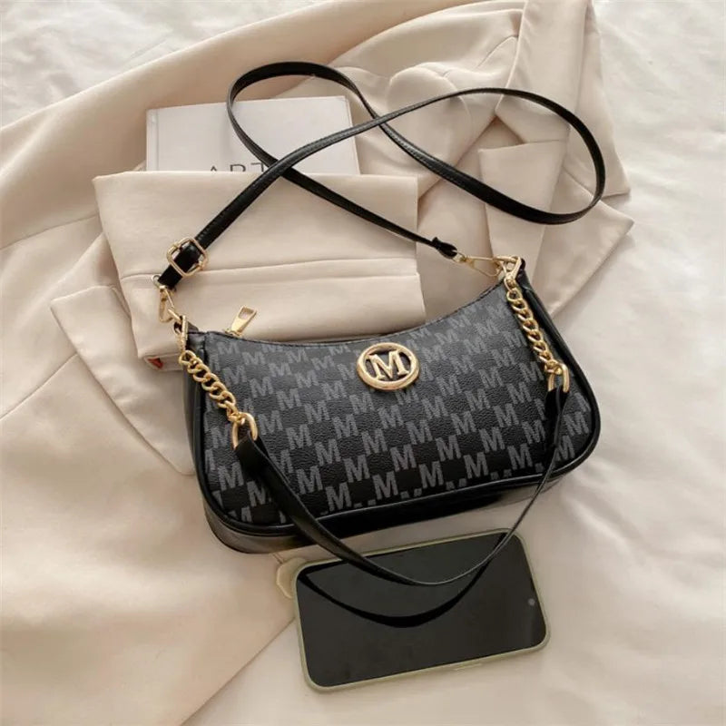 Crossbody Shoulder Bag with Gold M Logo & Chain Strap