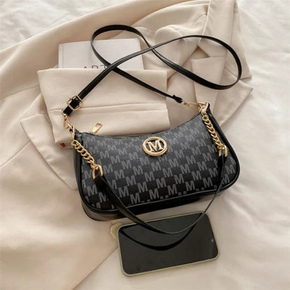 Crossbody Shoulder Bag with Gold M Logo & Chain Strap