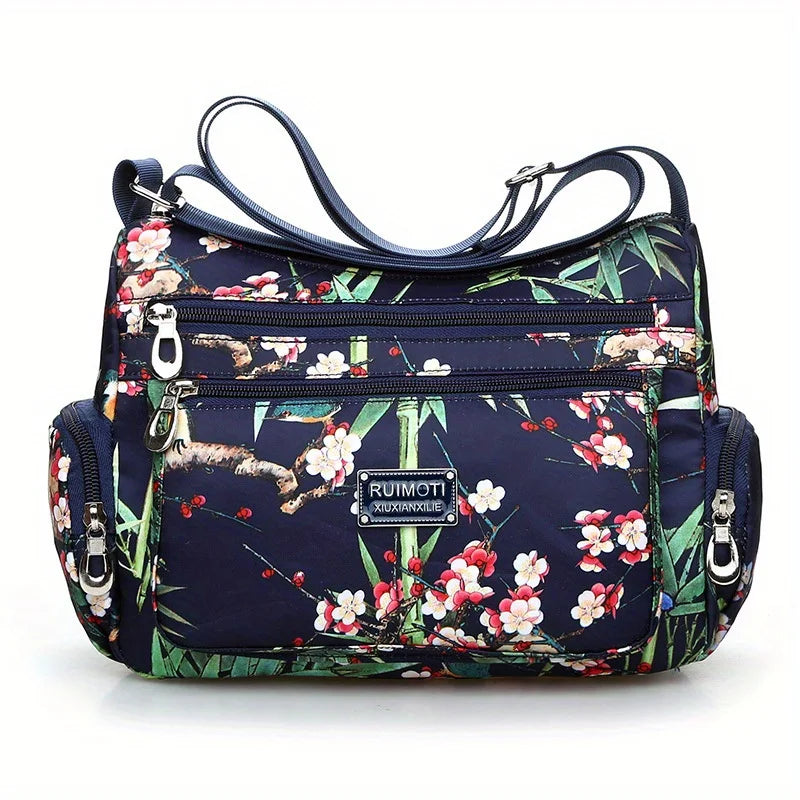 Floral Crossbody Bag for Women – Multi-Pocket Nylon Shoulder Bag