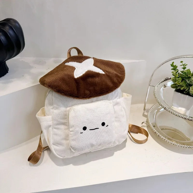 Cute Mushroom Kids Backpack – Soft Corduroy Plush Toadstool Bag